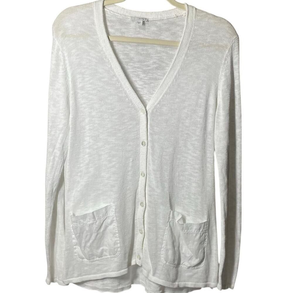 PUREJILL Women’s Cotton/Linen Cardigan, Buttoned Up, 2 Pkt, Long Slv, White, M.